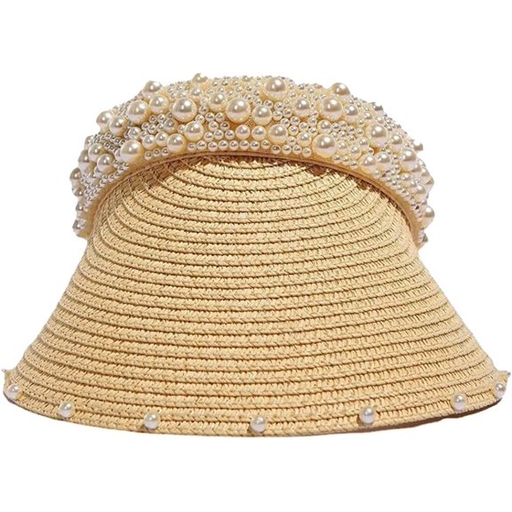 CoCopeaunts Women's Sun Straw Hats Straw Visors Beach UV Protection Wide Brim Cap Elegant Pearl Topless Sun Hats Breathable Straw Visors