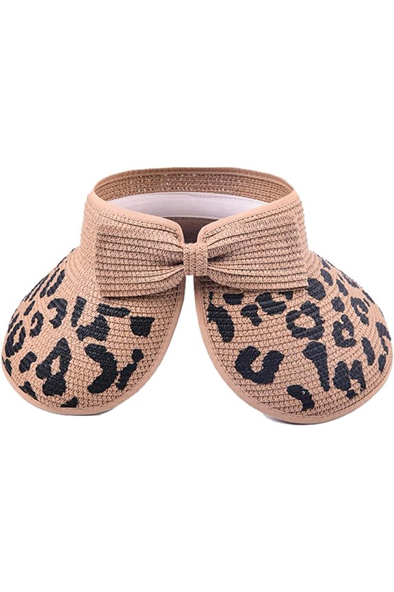 Women's Sun Visors Beach Straw Sun Hat Wide Brim Foldable Lightweight Ponytail Hat Casual Leopard Roll Up Bow Visor Summer