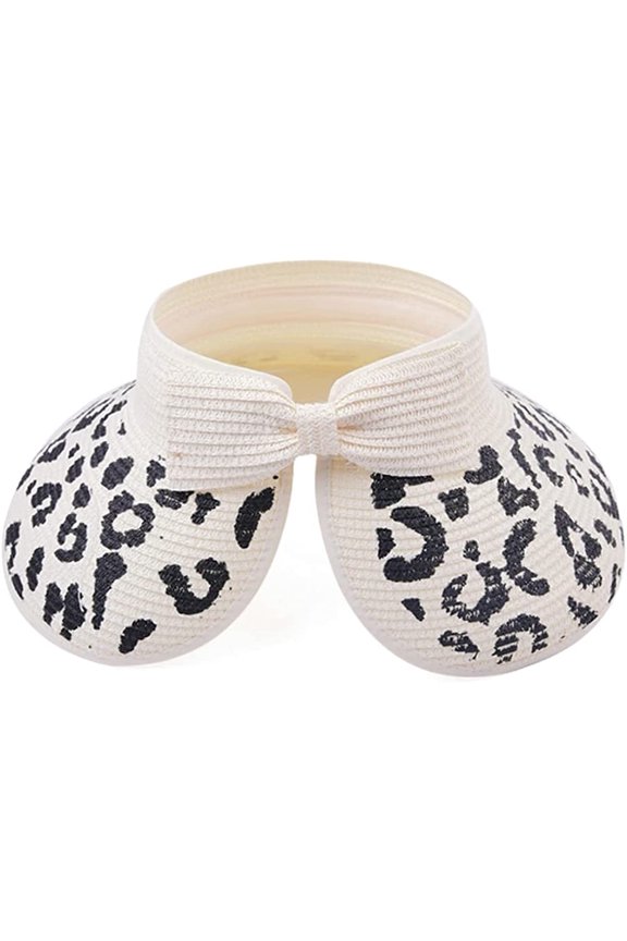 Women's Sun Visors Beach Straw Sun Hat Wide Brim Foldable Lightweight Ponytail Hat Casual Leopard Roll Up Bow Visor Summer