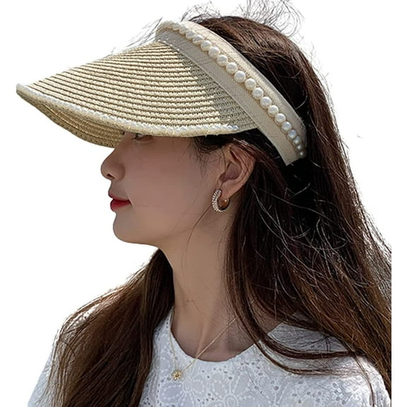 CoCopeaunts Women's Wide Brim Sun Hats, Pearl Straw Sun Visor Hat Summer UV Protection Beach Cap, Straw Golf Visor Hat for Girls
