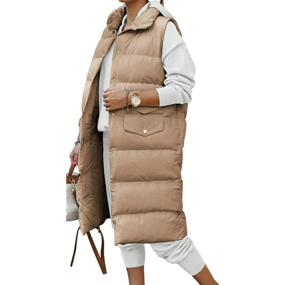 CoCopeaunts Women's Winter Cotton Padded Long Puffer Vest Coat Button Down Vest Outerwear with Stand Collar