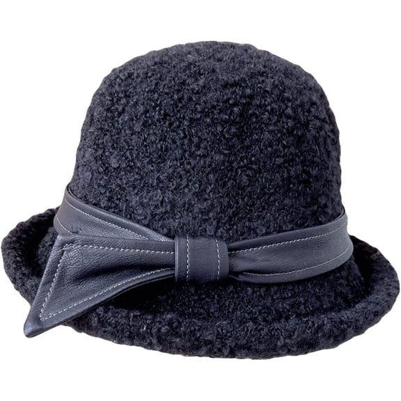 CoCopeaunts Womens Bucket Hat Roll-up Brim Warm Basin Cap Autumn Winter Fleece Fisherman Hat Black Leather Bowknot Fashion Hat