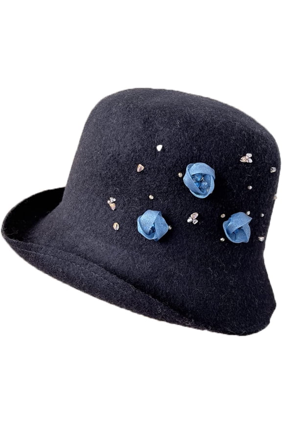 Womens Bucket Hat Vintage Fisherman Hat Winter Warm Wool Bowl Hat Fashion Broken Diamond Flower Bucket Cap for Girl