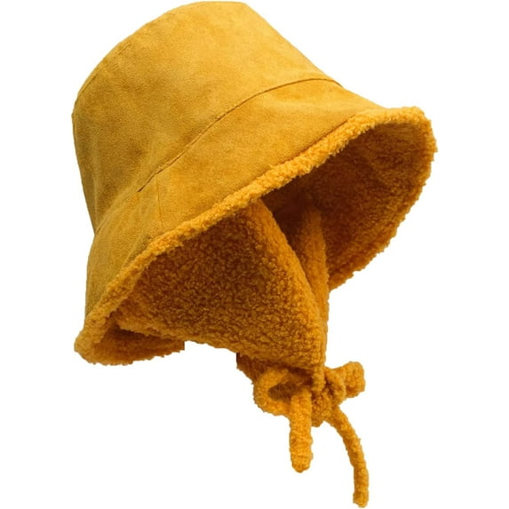 CoCopeaunts Womens Bucket Hat Winter Thick with Earmuffs Chin Strap Solid Color Bucket Cap Warm Panama Caps Outdoor Riding