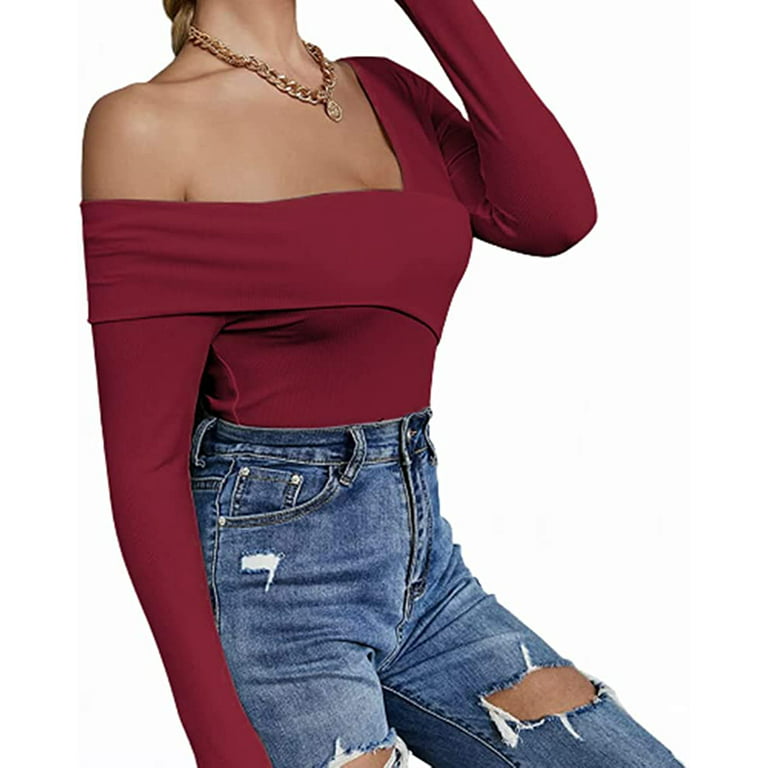 Women's Sexy Off The Shoulder Tops Long Sleeve Cross Wrap Ribbed Knit Tee  Shirt Blouse, Apricot, Small : : Clothing, Shoes & Accessories