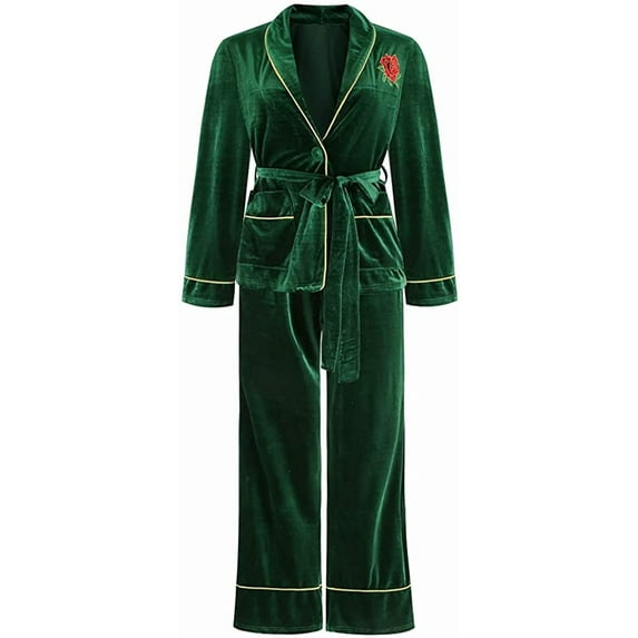 CoCopeaunts Womens Pajama Velvet Rose Embroidery Sleepwear Loose Loungewear with Gilt Edged Pocket Long Sleeve Wide Leg Pajamas Set