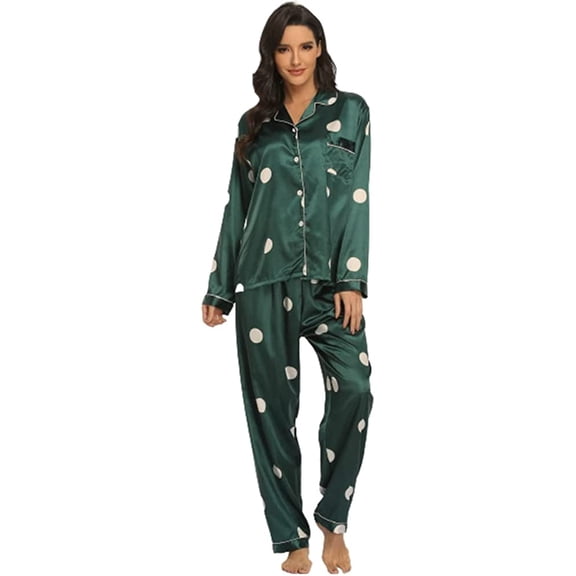 CoCopeaunts Womens Silk Satin Pajamas 2 Piece Outfit Long Sleeve Lapel Button Down Tops Wide Leg Loose Warm Loungewear Pajama Set