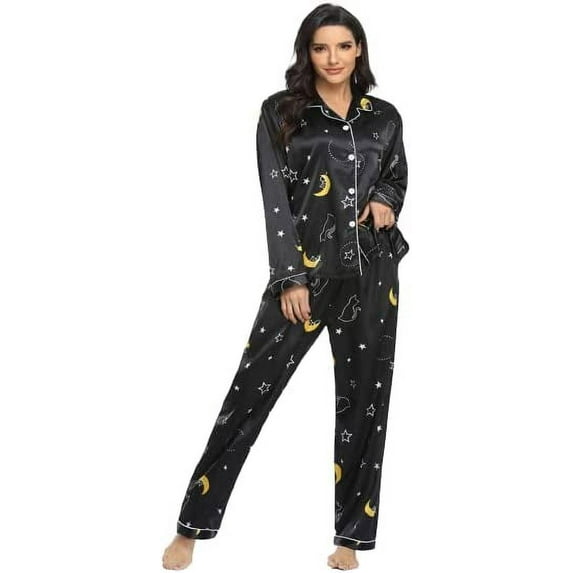 CoCopeaunts Womens Silk Satin Pajamas 2 Piece Outfit Long Sleeve Lapel Button Down Tops Wide Leg Loose Warm Loungewear Pajama Set