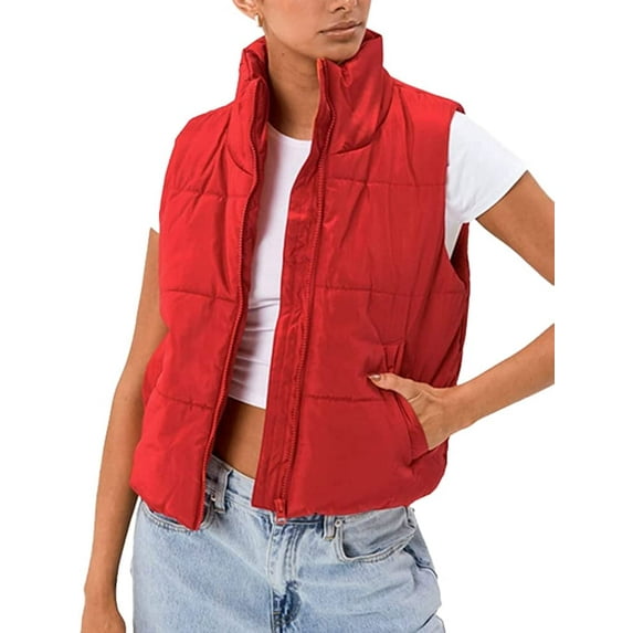 CoCopeaunts Womens Stand Collar Padded Puffer Vest Sleeveless Outerwear Lightweight Full-Zip Padded Gilet