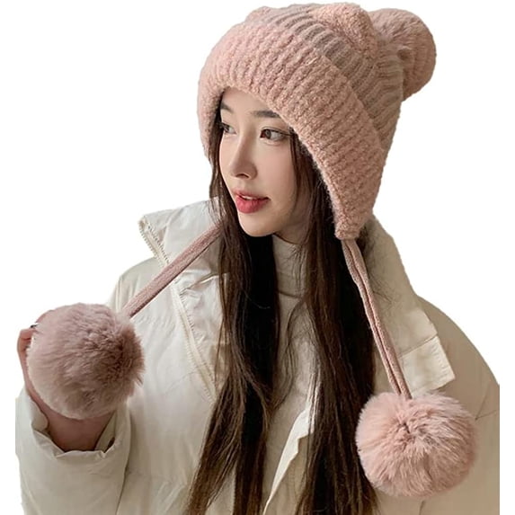 CoCopeaunts Womens Winter Pompom Beanie Hats Ear Flap Soft Crochet Beanie Hat Warm Trapper Hat