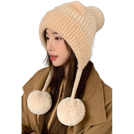 CoCopeaunts Womens Winter Pompom Beanie Hats Ear Flap Soft Crochet Beanie Hat Warm Trapper Hat