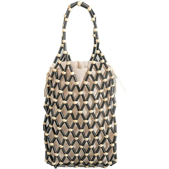 CoCopeaunts Womens Wooden Beads Handbags with Inner Pocket Stylish Handmade Tote Bag Hobo Bag for Beach Travel Vacation