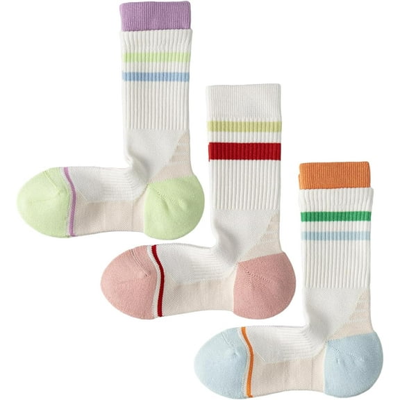 CoCozhu 3/5 Pairs Double Cuff Striped Crew Socks for Women Running Hiking Anti-pilling Athletic Socks