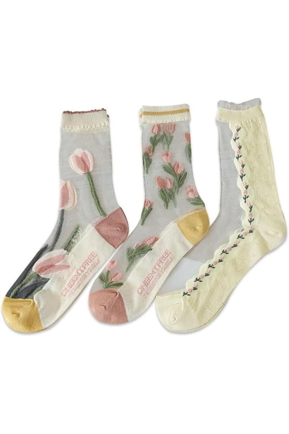 3 Pairs Women Sheer Socks Girls Embroidered Floral Aesthetic Mesh Jacquard Socks Coquette Clothes Fairy Summer Socks