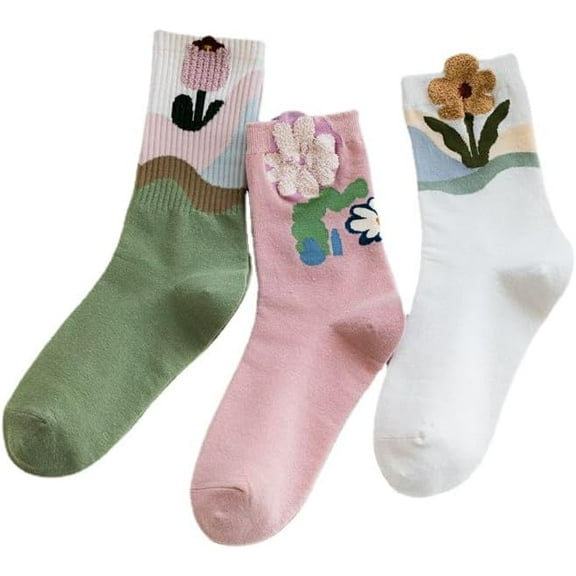 CoCozhu 3 Pairs Womens Cute Floral Patterned Coquette Cotton Crew Socks Girls Japanese Aesthetic Cottagecore Accessories