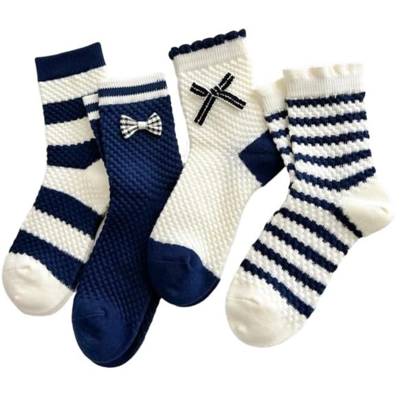 CoCozhu 4/8 Pairs Striped Socks with Cute Accessories on the Cuff, Academic Style Athletic Socks for Women