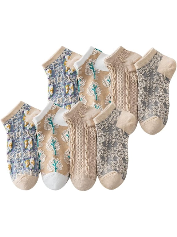 4/8 Pairs Vintage Flower Patterned Cotton Socks For Women with Flower Ankle Socks