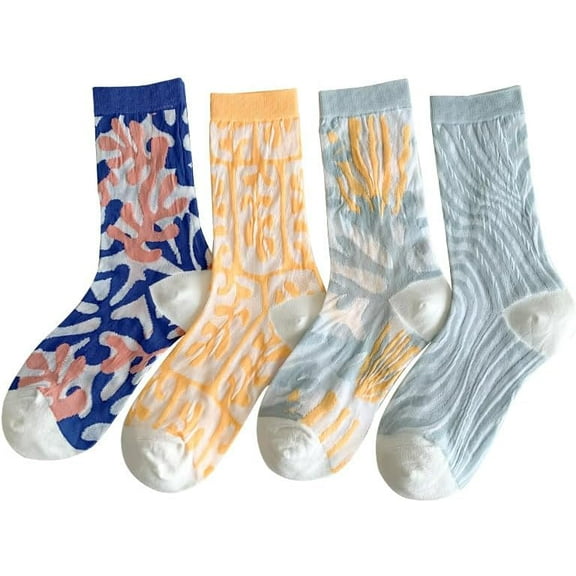 CoCozhu 4 Pairs Women Floral Sheer Socks Vintage Coquette Elastic See Through Socks Fairycore Aesthetic Jacquard Mesh Socks