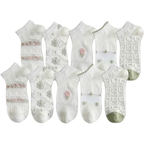CoCozhu 5/10 Pairs Crystal Glass Socks for Women, Summer Transparent Thin Ankle Socks with Cute Pattern Designed