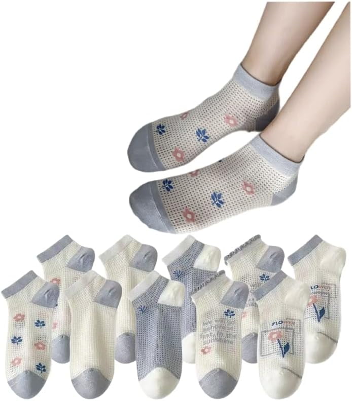 CoCozhu 5/10 Pairs Cute Flowers Patterned Design Combed Cotton Mesh Breathable Ankle Socks For Women Girls