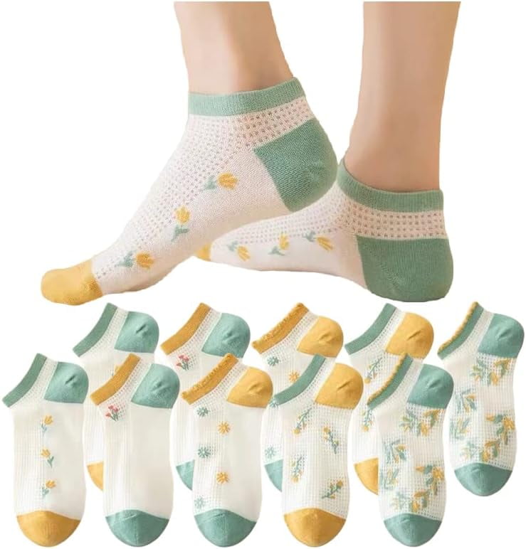 CoCozhu 5/10 Pairs Cute Flowers Patterned Design Combed Cotton Mesh Breathable Ankle Socks For Women Girls