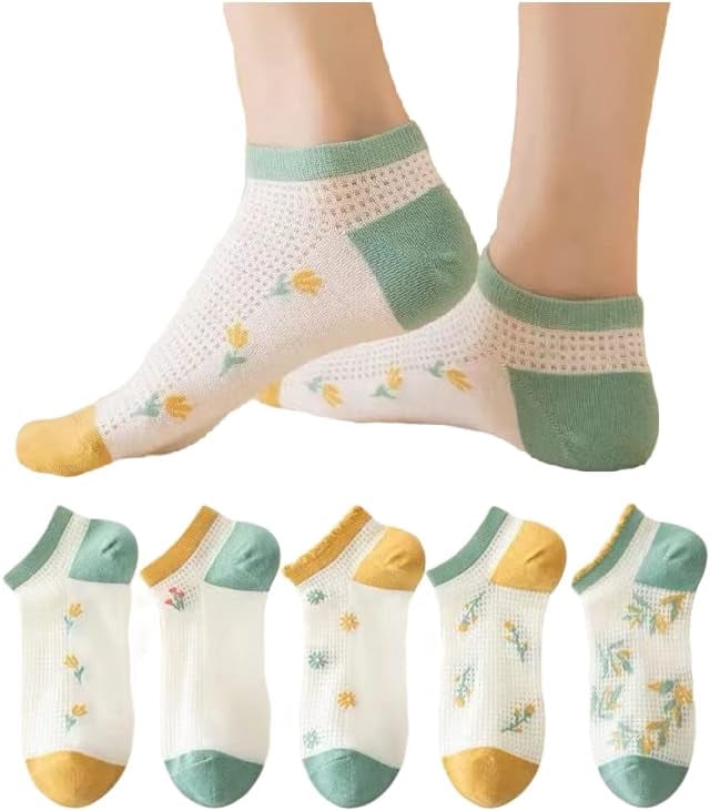 CoCozhu 5/10 Pairs Cute Flowers Patterned Design Combed Cotton Mesh Breathable Ankle Socks For Women Girls