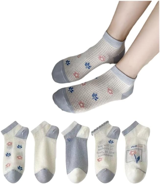 CoCozhu 5/10 Pairs Cute Flowers Patterned Design Combed Cotton Mesh Breathable Ankle Socks For Women Girls