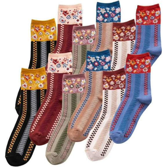 CoCozhu 5/10 Pairs Vintage Style Colorful Striped Socks for Women, Combed Cotton Crew socks for Spring and Fall