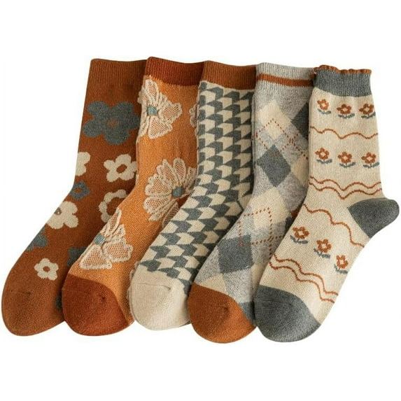 CoCozhu 5/10 Pairs Wool Socks for Women Thick Knit Vintage Cute Floral Crew Socks