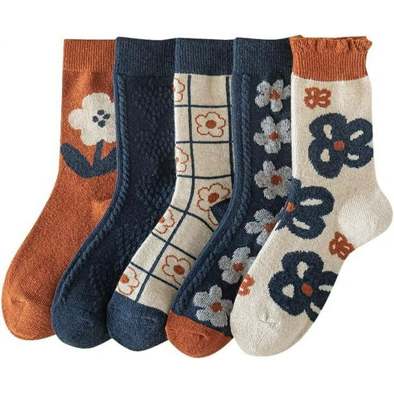 CoCozhu 5/10 Pairs Wool Socks for Women Thick Knit Vintage Cute Floral Crew Socks