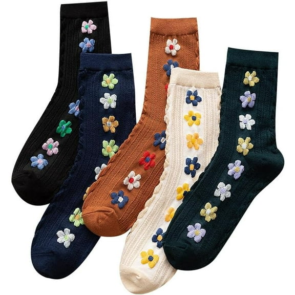CoCozhu 5 Pairs Charming Vintage Embroidered Floral Crew Socks for Women - Combed Cotton Elegance Size5-8