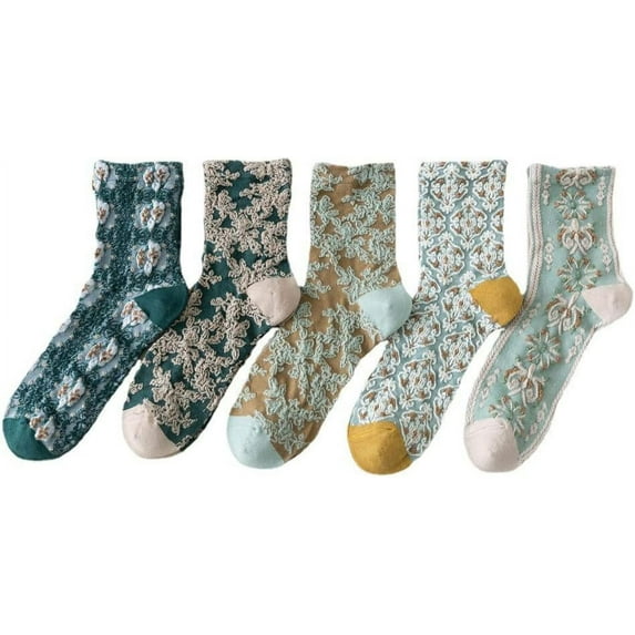 CoCozhu 5 Pairs Women's Warm Socks Kawaii Floral Socks Cutecore Cotton Socks Y2K Pretty Vintage Embroidered Socks