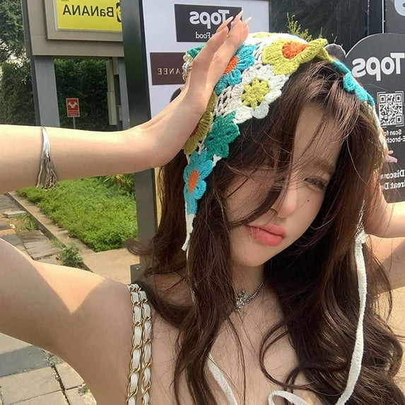 CoCozhu Cute And Sweet Instagram Knitted Triangle Scarf Flower Headband Women's Summer Headband French Countryside Style Headpiece Decoration Inter Photo