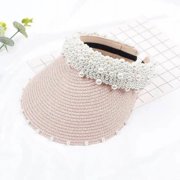 CoCozhu Grass Hat For Women In Summer Handmade Pearl Beach Grass Top Hat For Women With Sun Shading And Sun Protection, Korean Version Of Internet Famous Duckbill Hat