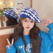 CoCozhu Korean Version Mixed Color Thick Woolen Knitted Beret, Sweet And Cute For Women, Autumn And Winter New Color Blocking High-End Painter Hat Trend