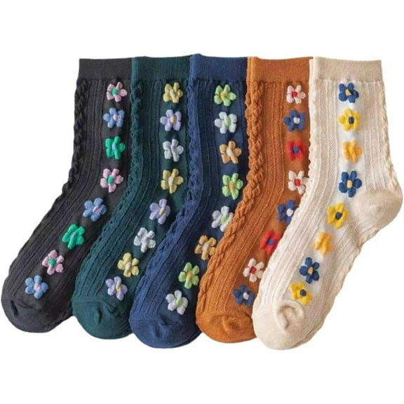 CoCozhu Vintage Embroidered Floral Socks Set of 5 Pairs Pack Women Cute Flower 3D Cotton Cottagecore Lucky Socks