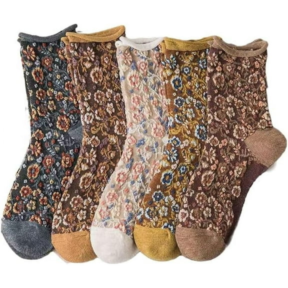 CoCozhu Vintage Floral Patterned Socks For Women, Combed Cotton Crew Socks with Cute Flowers