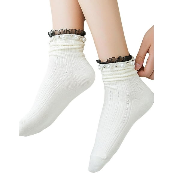 CoCozhu Women's 1 Pair Solid Faux Pearl Decor Ruffle Frilly Trim Fashionable Crew Socks Elegant Lace Socks