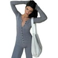 thumbnail image 1 of CoCozhu Women's Buckle Closure Waist Slimming Romper Vintage Aesthetic Elastic Knitted Tops Long Sleeve One Piece Alt Bodysuit, 1 of 7
