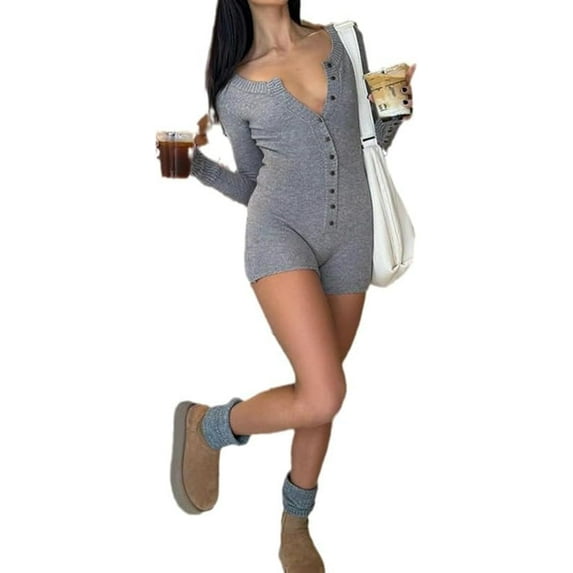 CoCozhu Women's Buckle Closure Waist Slimming Romper Vintage Aesthetic Elastic Knitted Tops Long Sleeve One Piece Alt Bodysuit