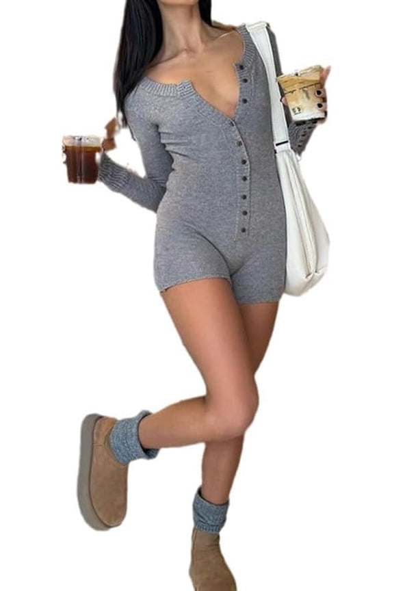 Women's Buckle Closure Waist Slimming Romper Vintage Aesthetic Elastic Knitted Tops Long Sleeve One Piece Alt Bodysuit