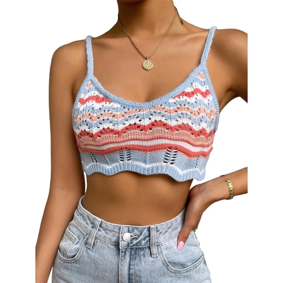 CoCozhu Women's Colorblock Sleeveless Knitted Crochet Cami Crop Tops