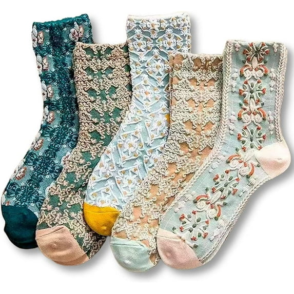 CoCozhu Women's Cute Vintage Floral Patterned Cotton Crew Socks Teen Girls Pretty Ruffle Frilly Lace Socks