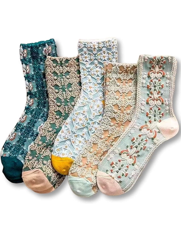 Women's Cute Vintage Floral Patterned Cotton Crew Socks Teen Girls Pretty Ruffle Frilly Lace Socks