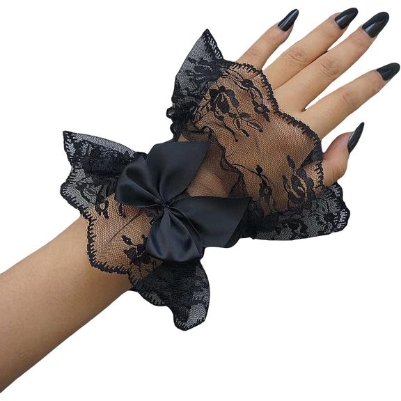 CoCozhu Women's Floral Lace Bow Front Short Wrist Cuff Wedding Wrist Length Bridal Prom Gloves