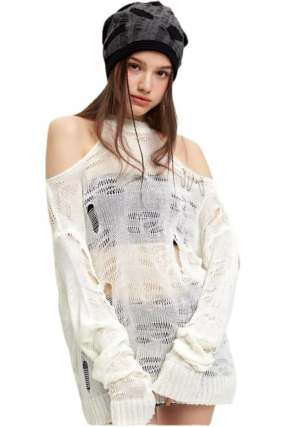 Women's Hollow Out Halter Knitted Sweaters Gothic Cut Out Ripped Emo Tops Fairy Grunge Long Sleeve Alt Clothes