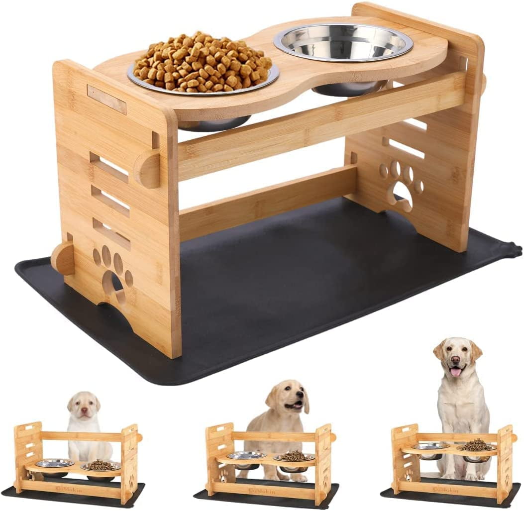 CoMokin Raised Dog Bowl Bamboo Elevated Dog Bowl Height Adjustable with 2 Stainless Steel Bowls