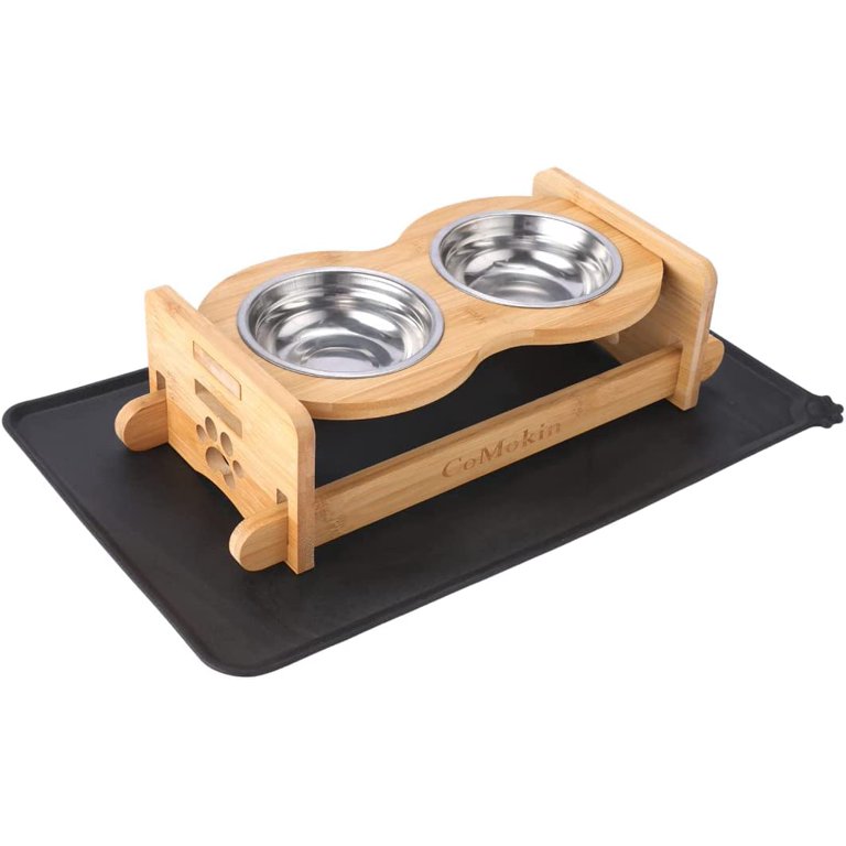 Pet Dog Bowls Elevated Heights Adjustable Bamboo Food and