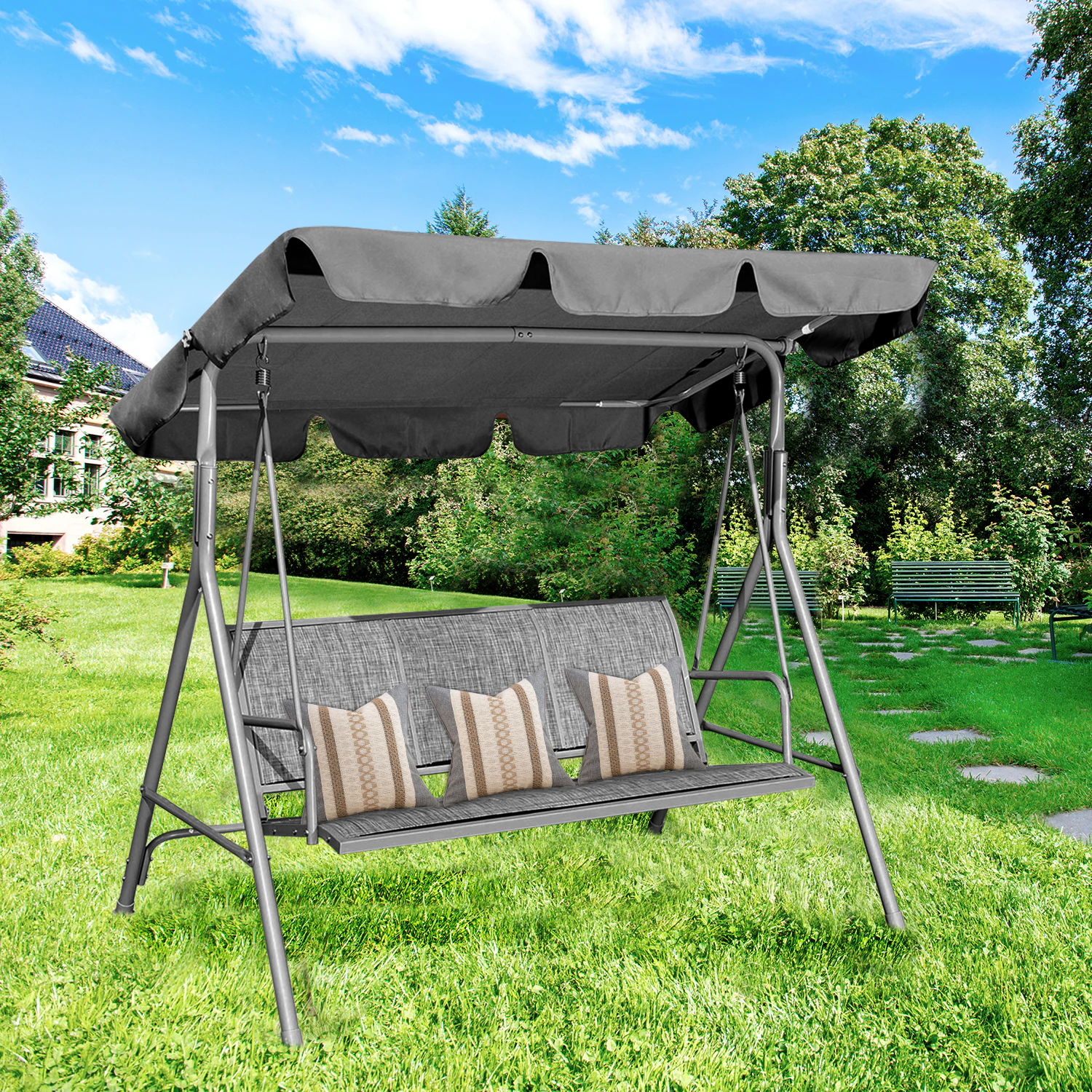 CoPedvic Canopy Porch Patio Swing with Canopy, 3-Seat Steel