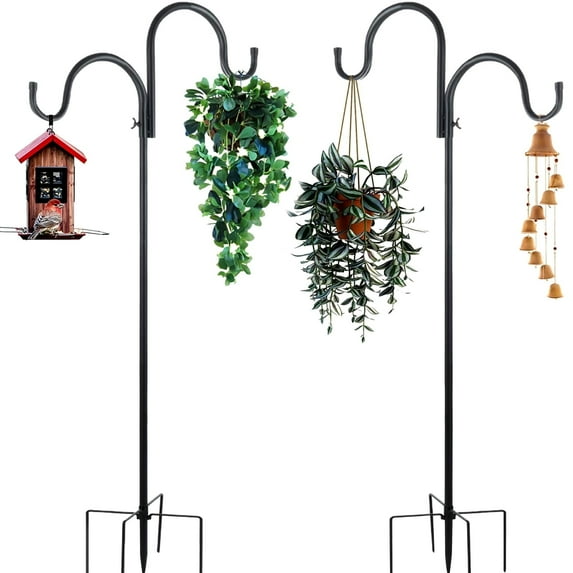 CoPedvic Double Shepherds Hooks for Outdoor, 2 Pack 46 Inch Bird Feeder Pole with 5 Prongs Base, Heavy Duty Garden Hook for Hanging Plant, Lantern, Hummingbird Feeder